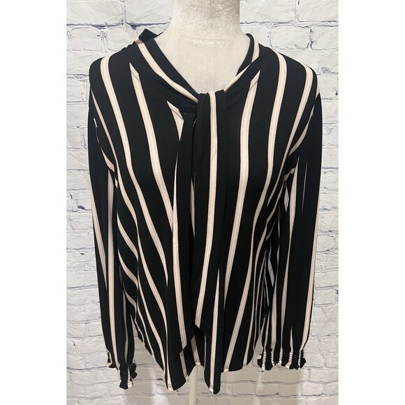 NWT Adrianna Papell Women Black Cream Smocked Tie Neck Long Sleeve Blouse L $69 - Picture 1 of 8